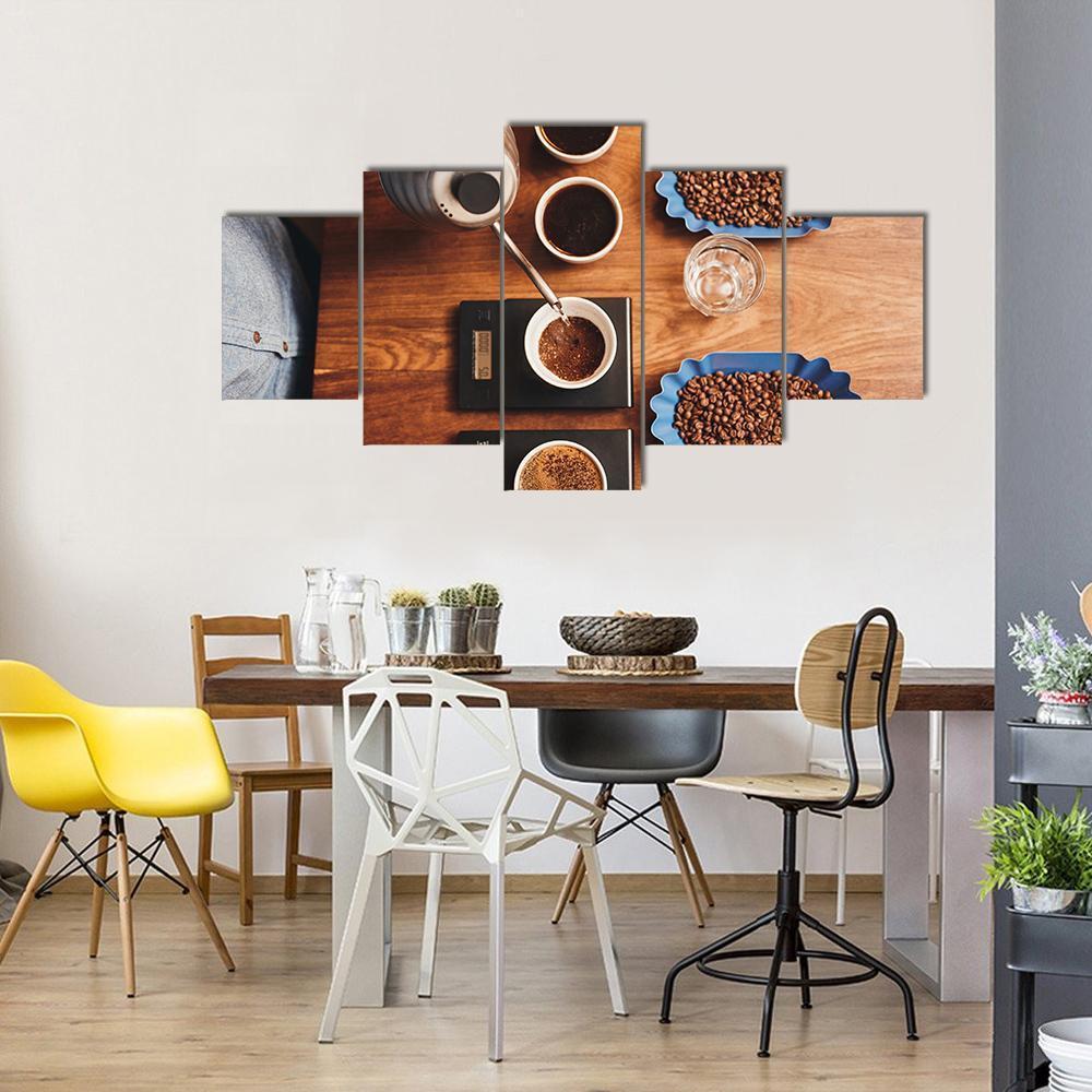 Four Coffee Cup On Table Canvas Wall Art-5 Star-Gallery Wrap-62" x 32"-Tiaracle