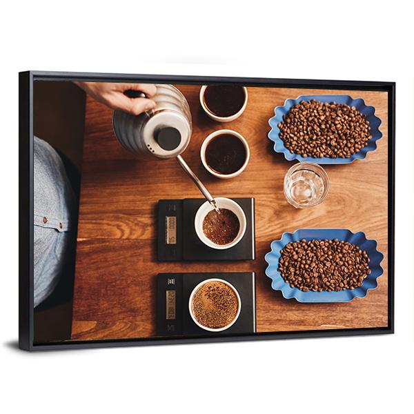 Four Coffee Cup On Table Canvas Wall Art-3 Horizontal-Gallery Wrap-25" x 16"-Tiaracle