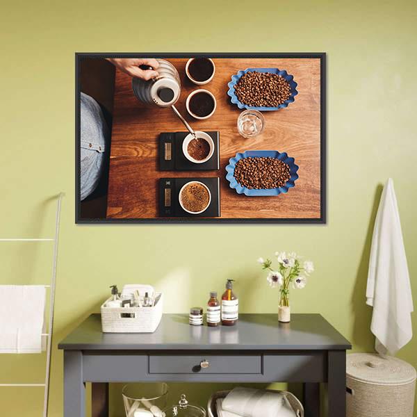 Four Coffee Cup On Table Canvas Wall Art-1 Piece-Floating Frame-24" x 16"-Tiaracle