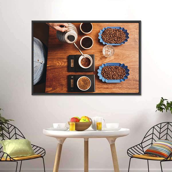 Four Coffee Cup On Table Canvas Wall Art-3 Horizontal-Gallery Wrap-25" x 16"-Tiaracle