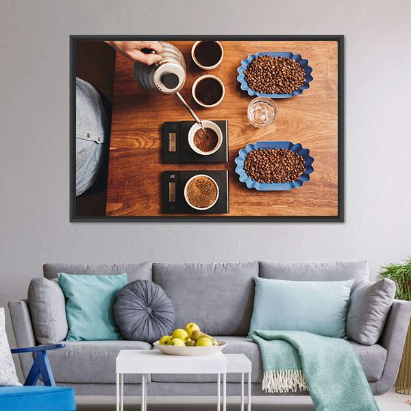 Four Coffee Cup On Table Canvas Wall Art-3 Horizontal-Gallery Wrap-25" x 16"-Tiaracle