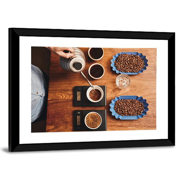 Four Coffee Cup On Table Canvas Wall Art-3 Horizontal-Gallery Wrap-25" x 16"-Tiaracle