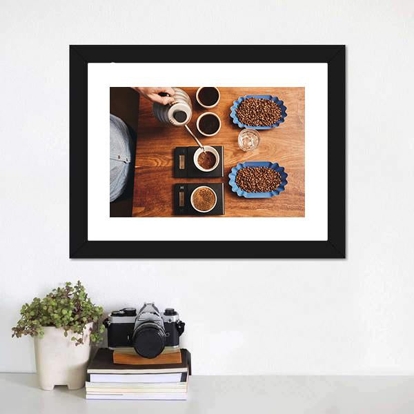 Four Coffee Cup On Table Canvas Wall Art-1 Piece-Framed Print-20" x 16"-Tiaracle