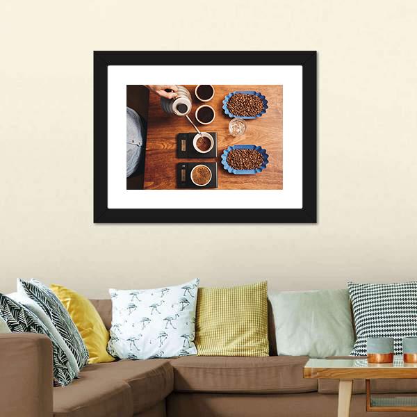 Four Coffee Cup On Table Canvas Wall Art-3 Horizontal-Gallery Wrap-25" x 16"-Tiaracle