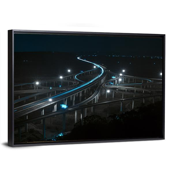 Freeway In Night With Cars Light Canvas Wall Art-3 Horizontal-Gallery Wrap-25" x 16"-Tiaracle