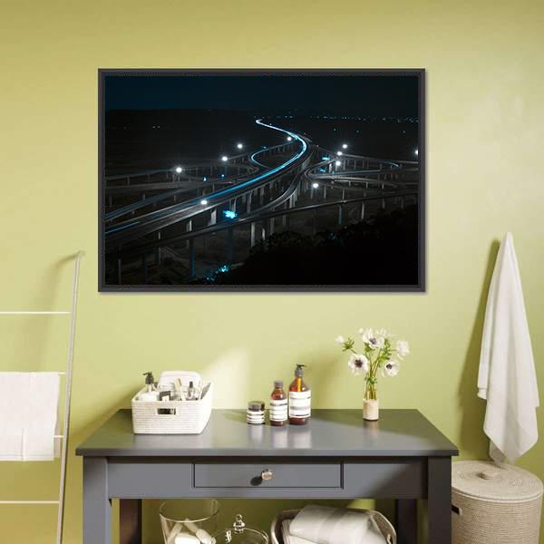 Freeway In Night With Cars Light Canvas Wall Art-1 Piece-Floating Frame-24" x 16"-Tiaracle