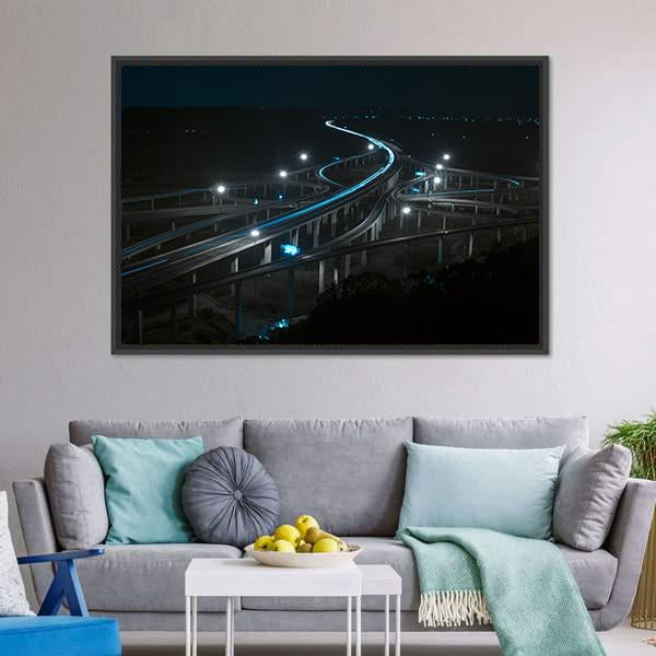 Freeway In Night With Cars Light Canvas Wall Art-3 Horizontal-Gallery Wrap-25" x 16"-Tiaracle