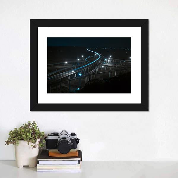 Freeway In Night With Cars Light Canvas Wall Art-1 Piece-Framed Print-20" x 16"-Tiaracle