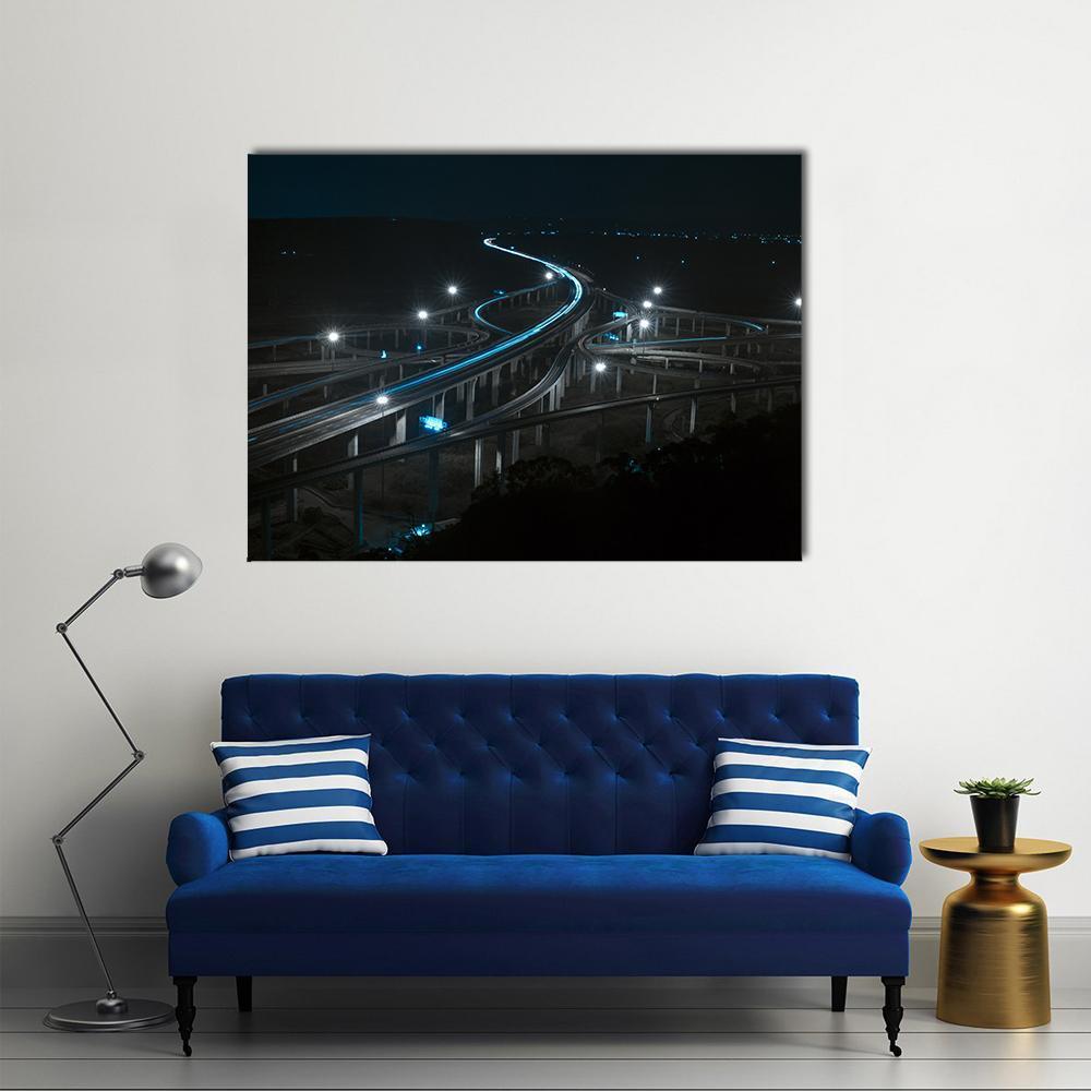 Freeway In Night With Cars Light Canvas Wall Art-1 Piece-Gallery Wrap-48" x 32"-Tiaracle