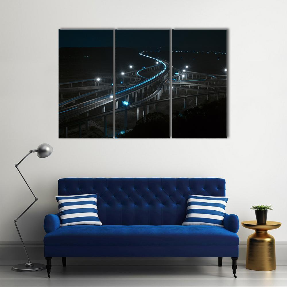 Freeway In Night With Cars Light Canvas Wall Art-3 Horizontal-Gallery Wrap-37" x 24"-Tiaracle