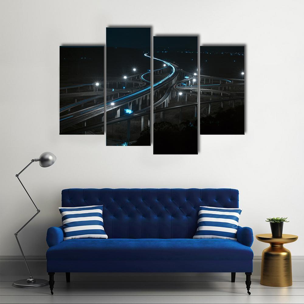 Freeway In Night With Cars Light Canvas Wall Art-4 Pop-Gallery Wrap-50" x 32"-Tiaracle