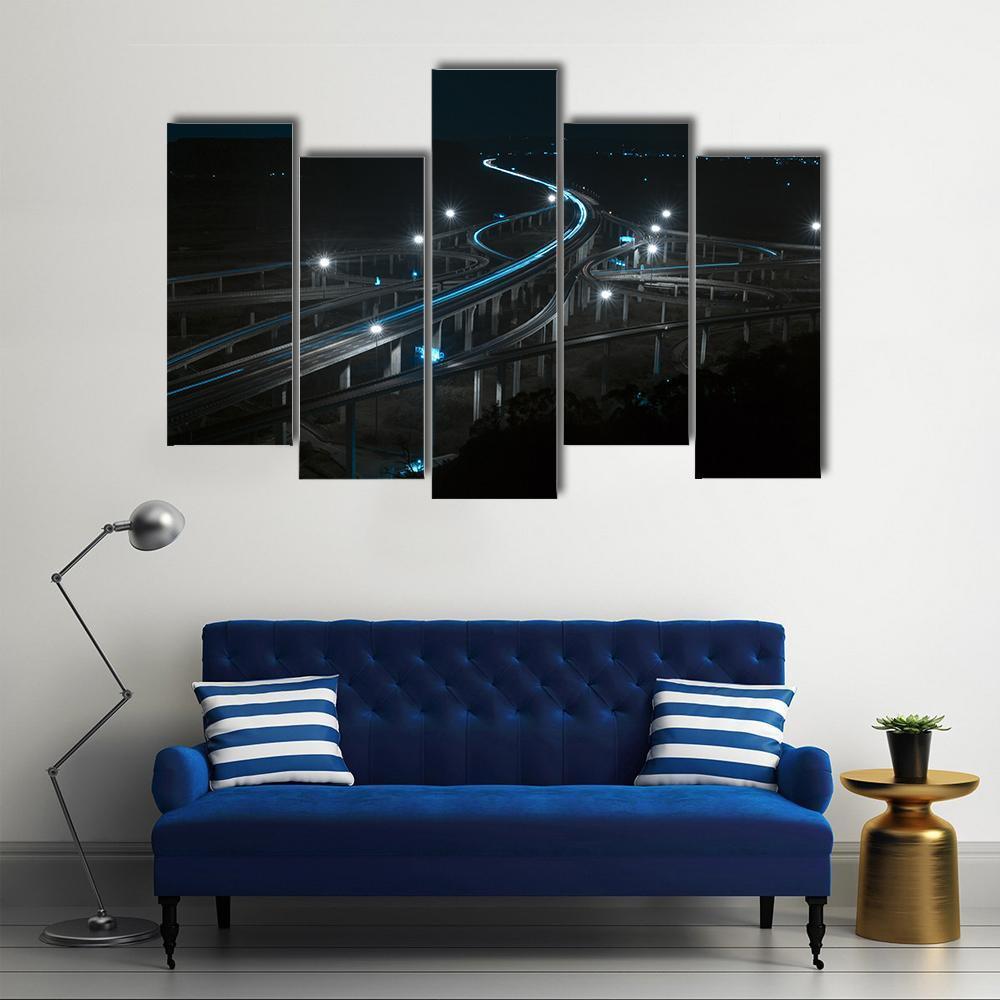 Freeway In Night With Cars Light Canvas Wall Art-5 Pop-Gallery Wrap-47" x 32"-Tiaracle