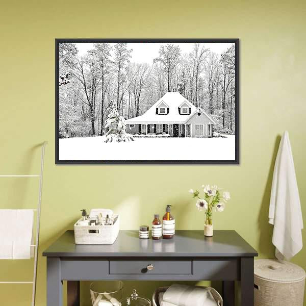 Frosty Home In Winter Canvas Wall Art-1 Piece-Floating Frame-24" x 16"-Tiaracle