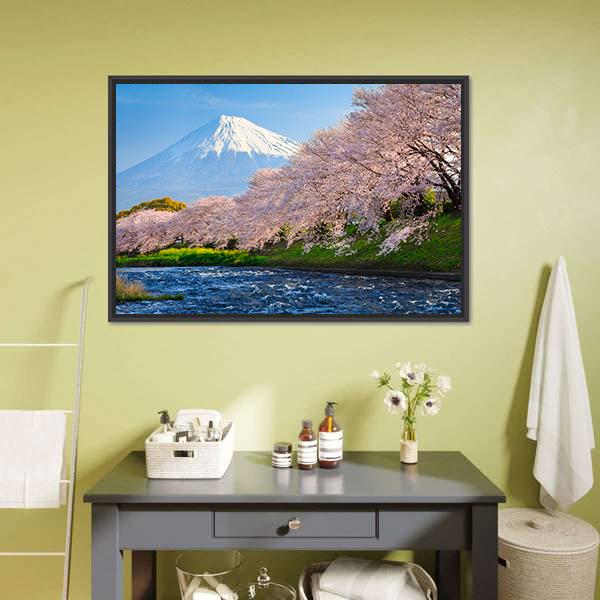 Fuji & Sakura At River Canvas Wall Art-1 Piece-Floating Frame-24" x 16"-Tiaracle