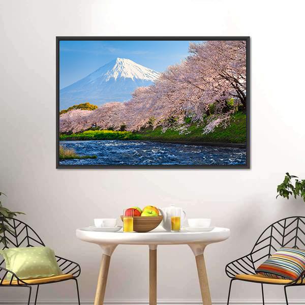 Fuji & Sakura At River Canvas Wall Art-3 Horizontal-Gallery Wrap-25" x 16"-Tiaracle