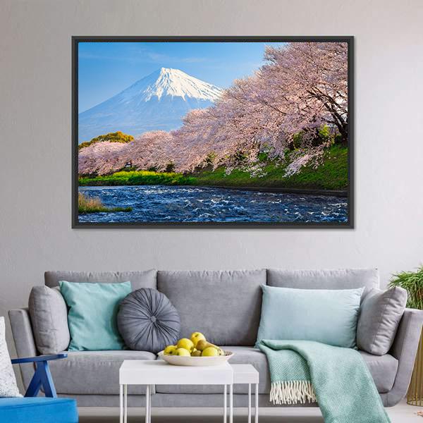 Fuji & Sakura At River Canvas Wall Art-3 Horizontal-Gallery Wrap-25" x 16"-Tiaracle