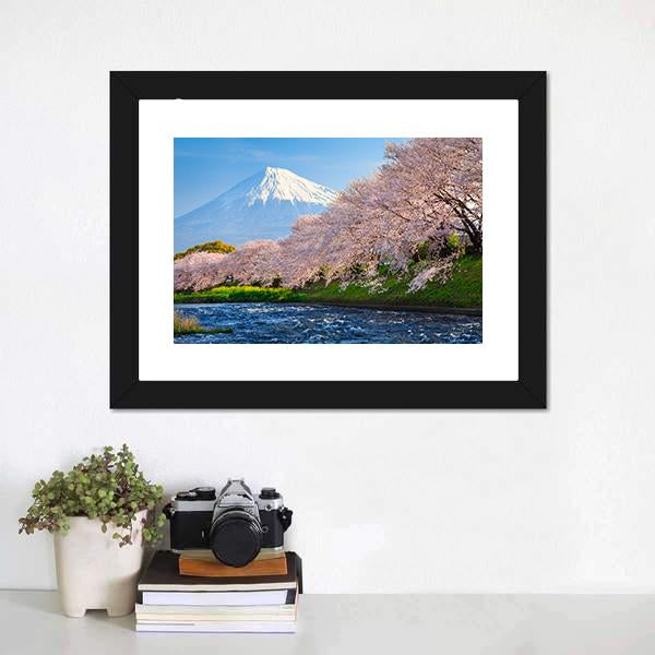 Fuji & Sakura At River Canvas Wall Art-1 Piece-Framed Print-20" x 16"-Tiaracle