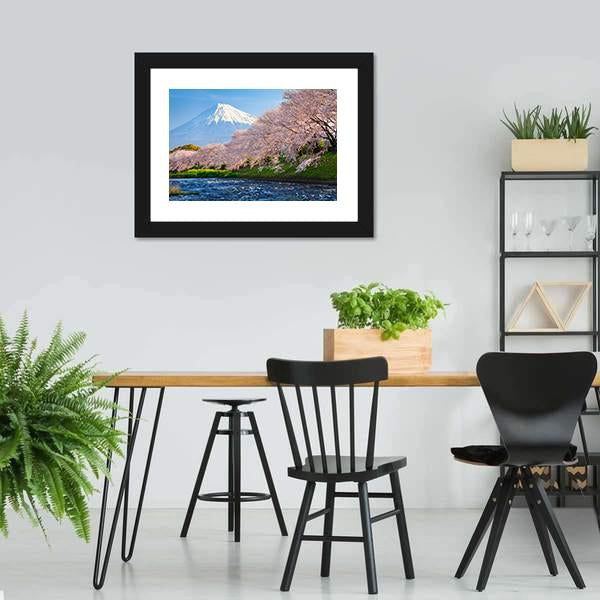 Fuji & Sakura At River Canvas Wall Art-3 Horizontal-Gallery Wrap-25" x 16"-Tiaracle