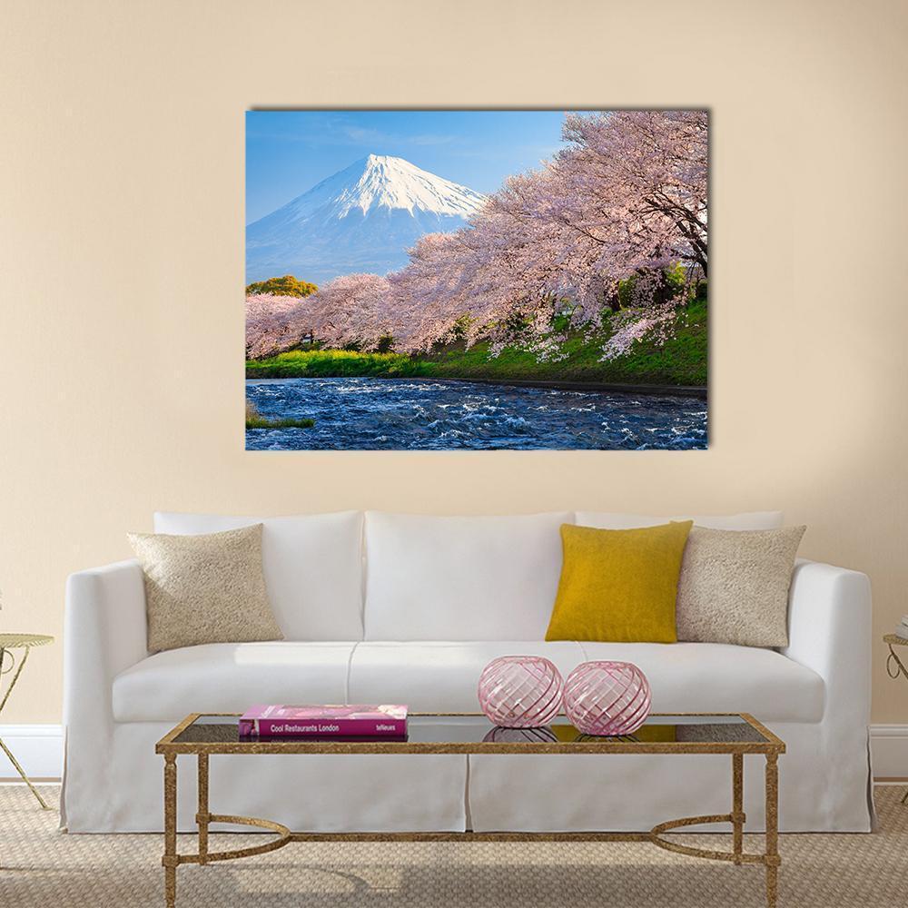 Fuji & Sakura At River Canvas Wall Art-1 Piece-Gallery Wrap-48" x 32"-Tiaracle