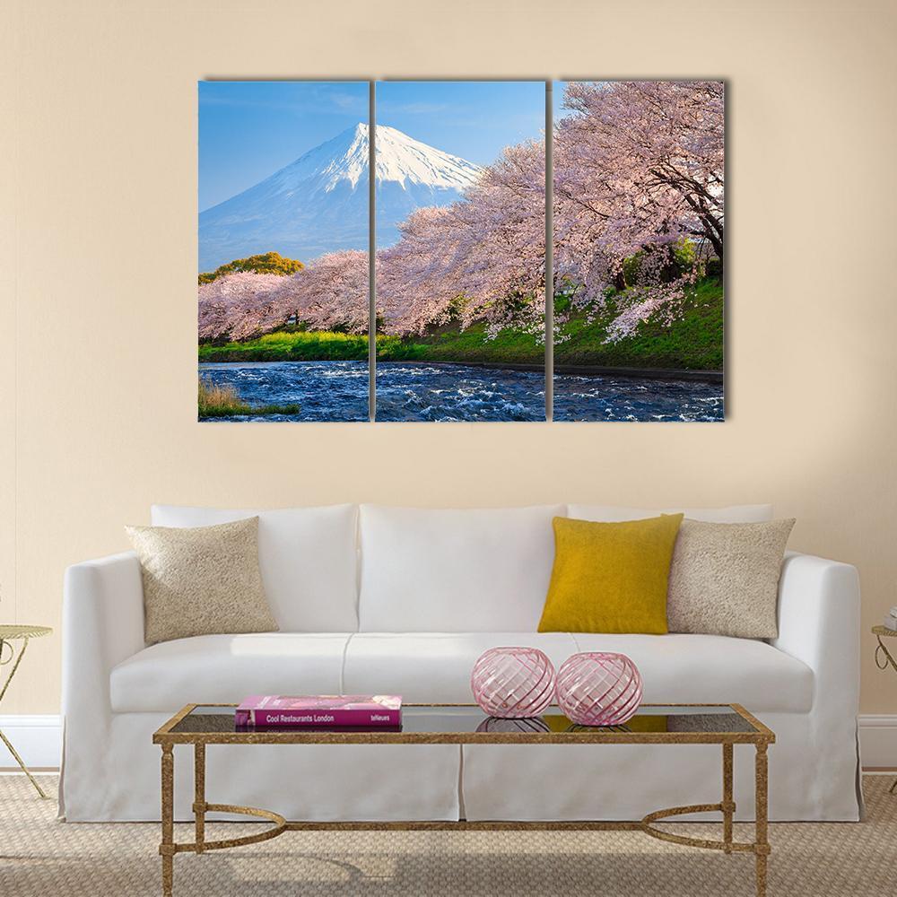 Fuji & Sakura At River Canvas Wall Art-3 Horizontal-Gallery Wrap-37" x 24"-Tiaracle