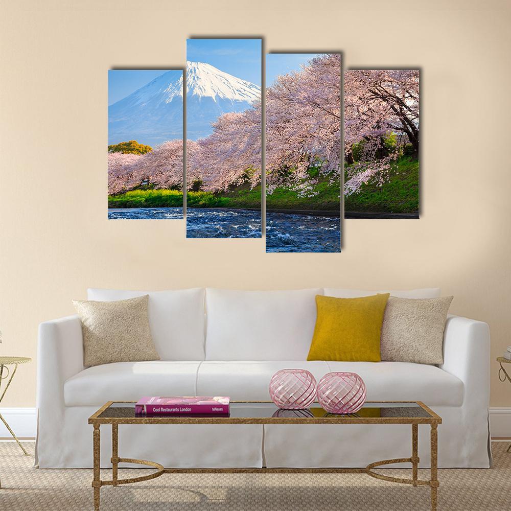 Fuji & Sakura At River Canvas Wall Art-4 Pop-Gallery Wrap-50" x 32"-Tiaracle