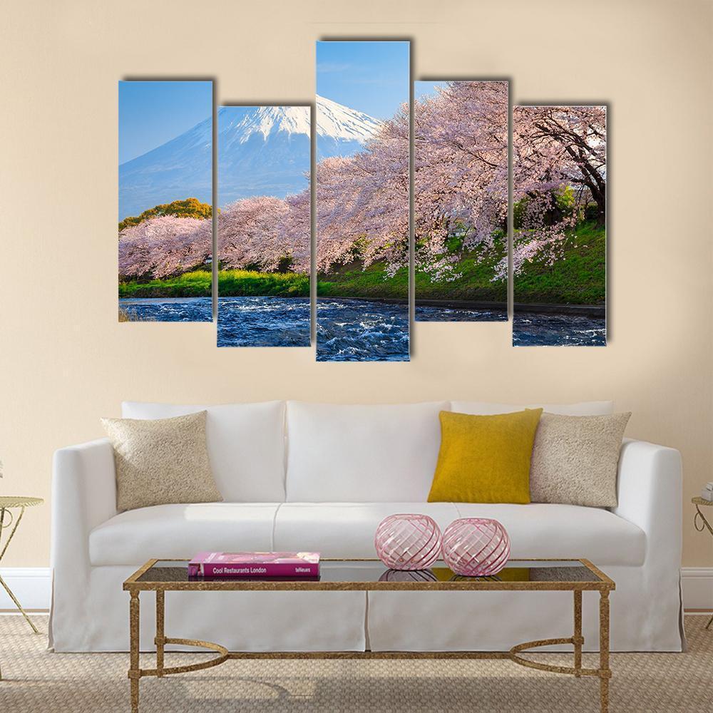 Fuji & Sakura At River Canvas Wall Art-5 Pop-Gallery Wrap-47" x 32"-Tiaracle