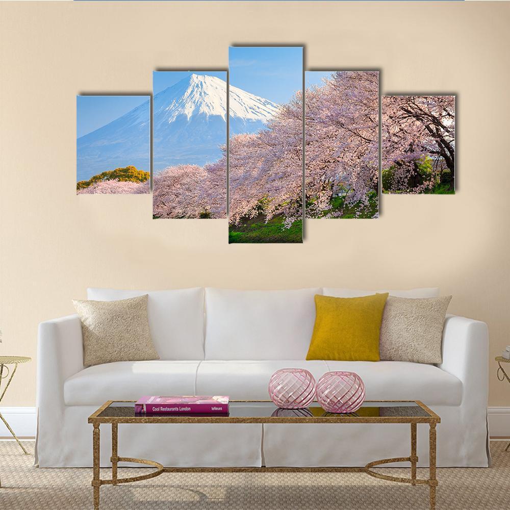 Fuji & Sakura At River Canvas Wall Art-5 Star-Gallery Wrap-62" x 32"-Tiaracle