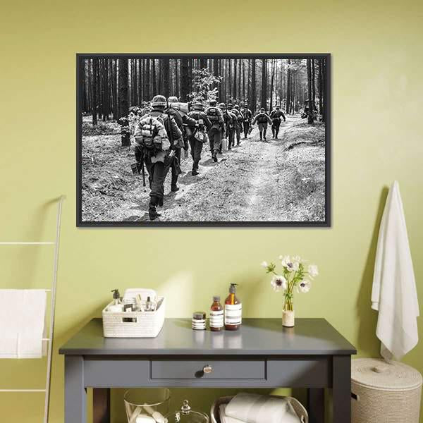 German Soldiers Walks On Forest Road Canvas Wall Art-1 Piece-Floating Frame-24" x 16"-Tiaracle