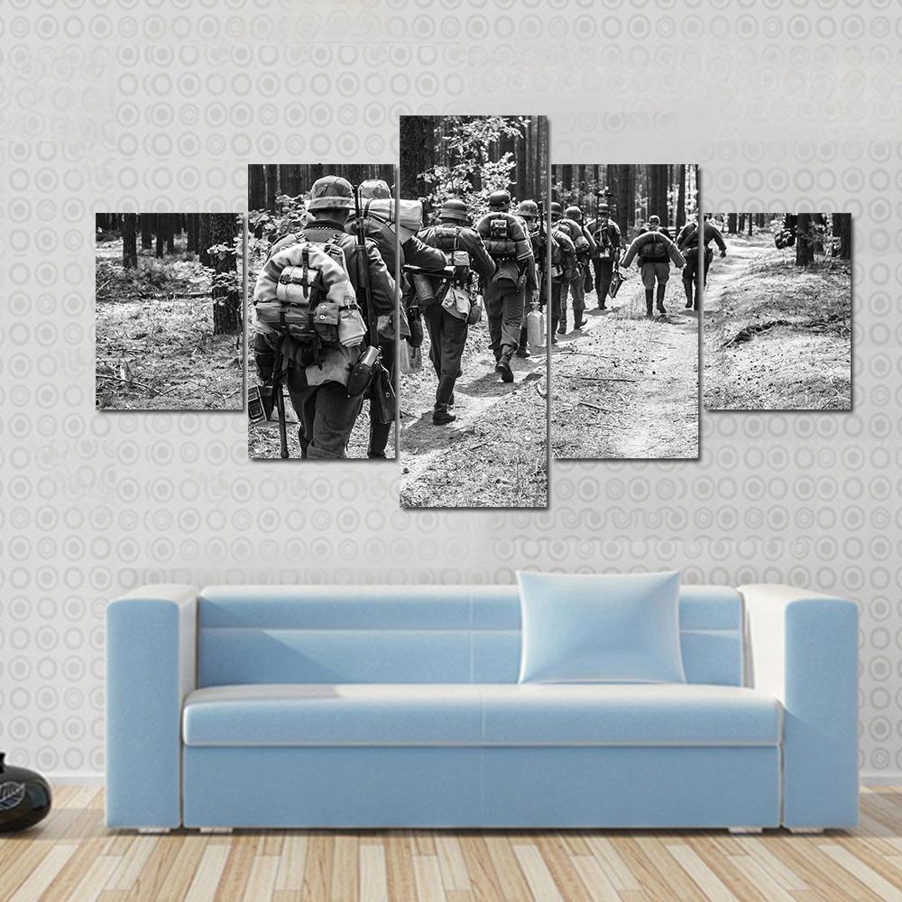 German Soldiers Walks On Forest Road Canvas Wall Art-5 Star-Gallery Wrap-62" x 32"-Tiaracle