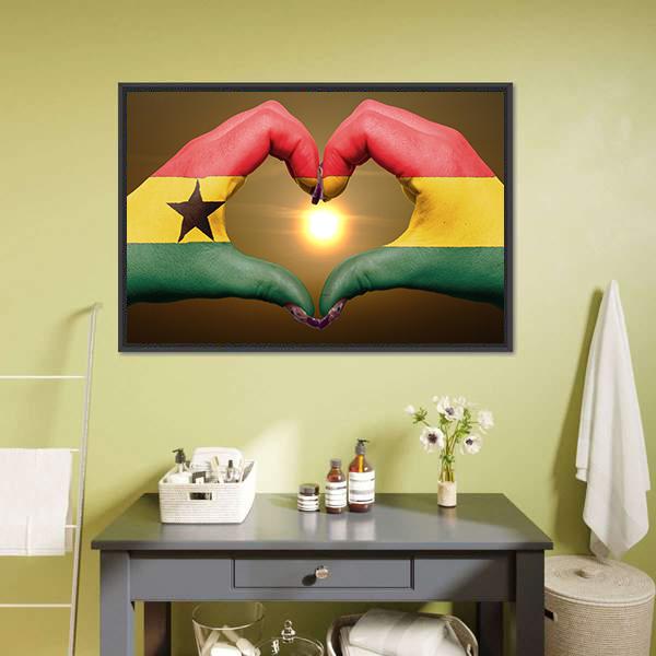 Ghana Flag On Hands Canvas Wall Art-1 Piece-Floating Frame-24" x 16"-Tiaracle