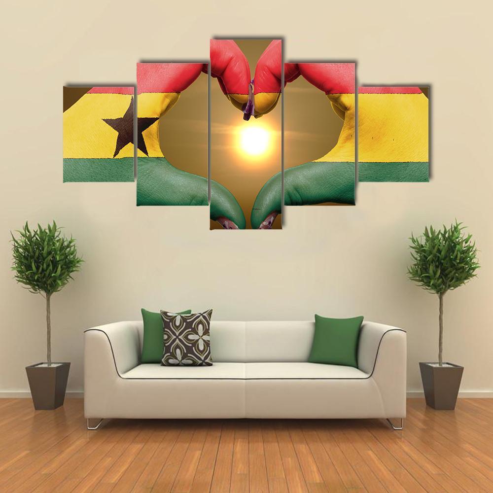 Ghana Flag On Hands Canvas Wall Art-5 Star-Gallery Wrap-62" x 32"-Tiaracle