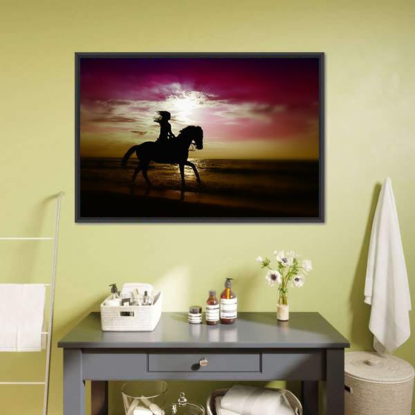 Girl Riding Horse On Beach Canvas Wall Art-1 Piece-Floating Frame-24" x 16"-Tiaracle