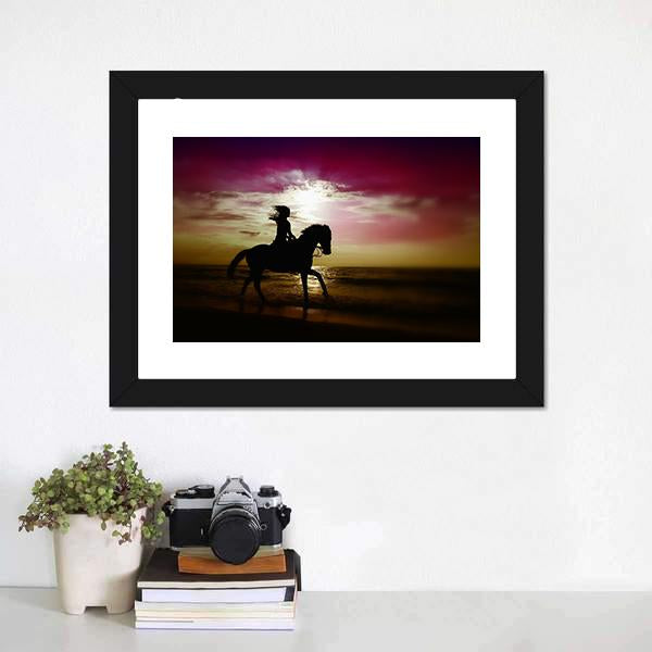 Girl Riding Horse On Beach Canvas Wall Art-1 Piece-Framed Print-20" x 16"-Tiaracle