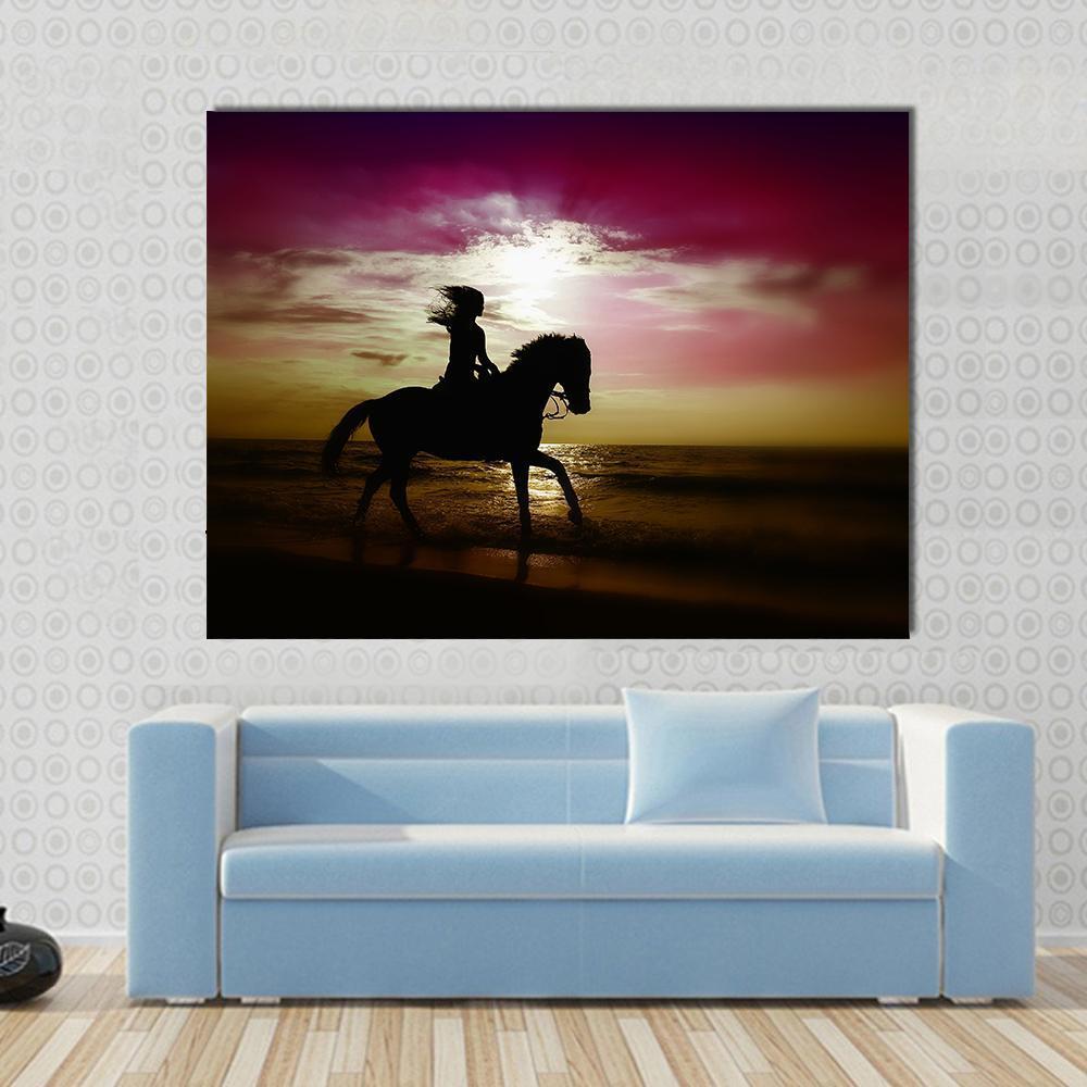 Girl Riding Horse On Beach Canvas Wall Art-1 Piece-Gallery Wrap-48" x 32"-Tiaracle