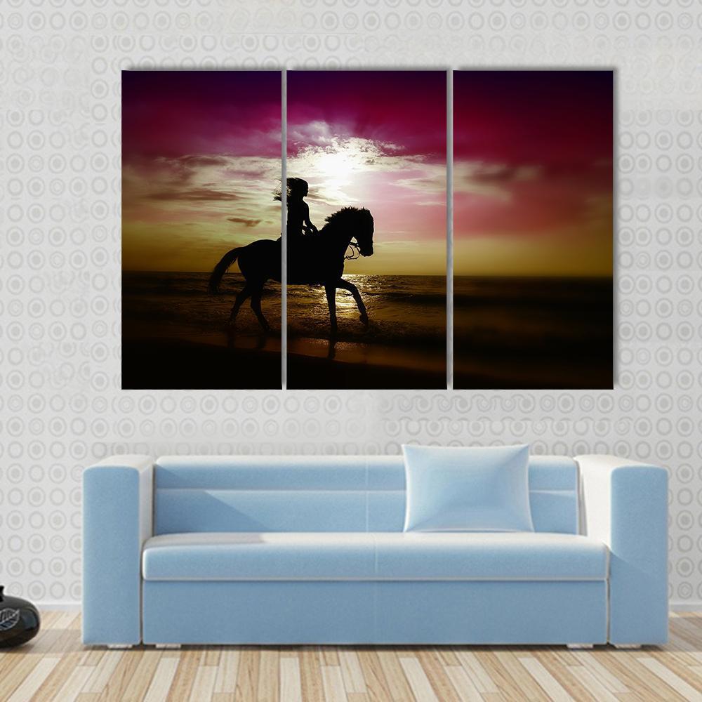 Girl Riding Horse On Beach Canvas Wall Art-3 Horizontal-Gallery Wrap-37" x 24"-Tiaracle