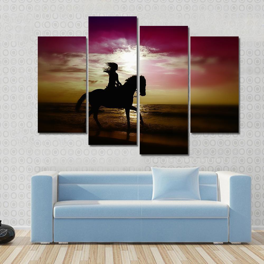 Girl Riding Horse On Beach Canvas Wall Art-4 Pop-Gallery Wrap-50" x 32"-Tiaracle