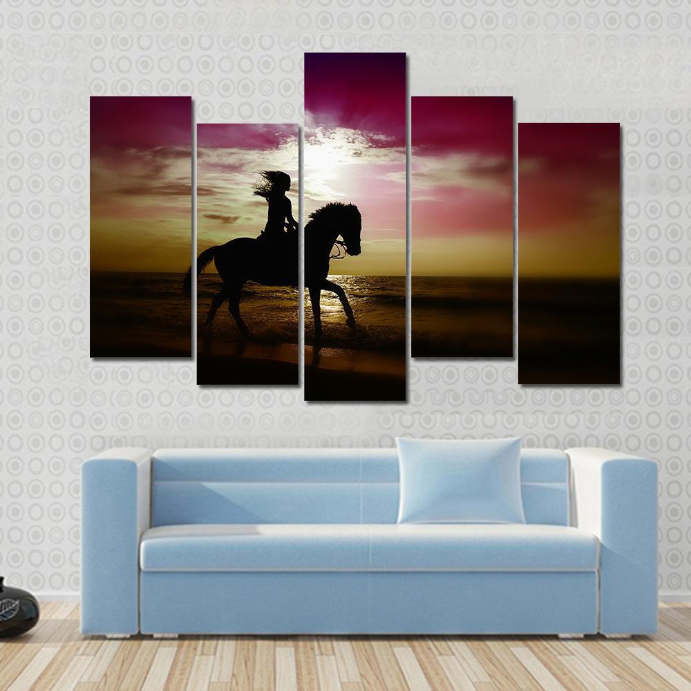 Girl Riding Horse On Beach Canvas Wall Art-5 Pop-Gallery Wrap-47" x 32"-Tiaracle