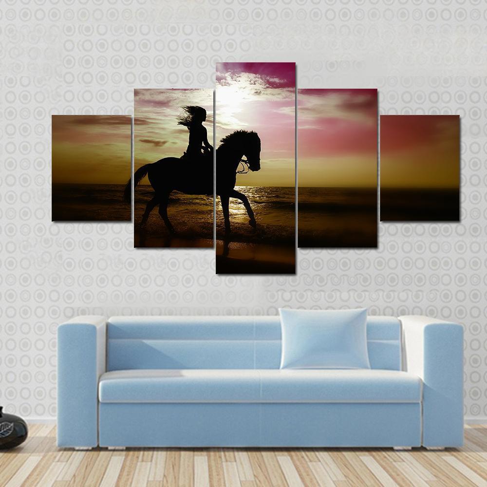 Girl Riding Horse On Beach Canvas Wall Art-5 Star-Gallery Wrap-62" x 32"-Tiaracle