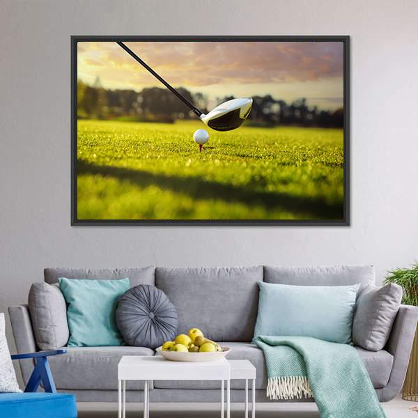 Golf Ball On Tee In Front Of Driver Canvas Wall Art-3 Horizontal-Gallery Wrap-25" x 16"-Tiaracle