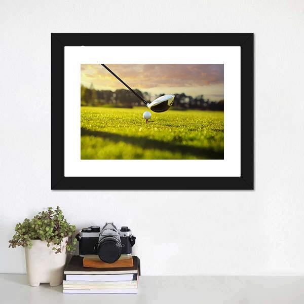 Golf Ball On Tee In Front Of Driver Canvas Wall Art-1 Piece-Framed Print-20" x 16"-Tiaracle