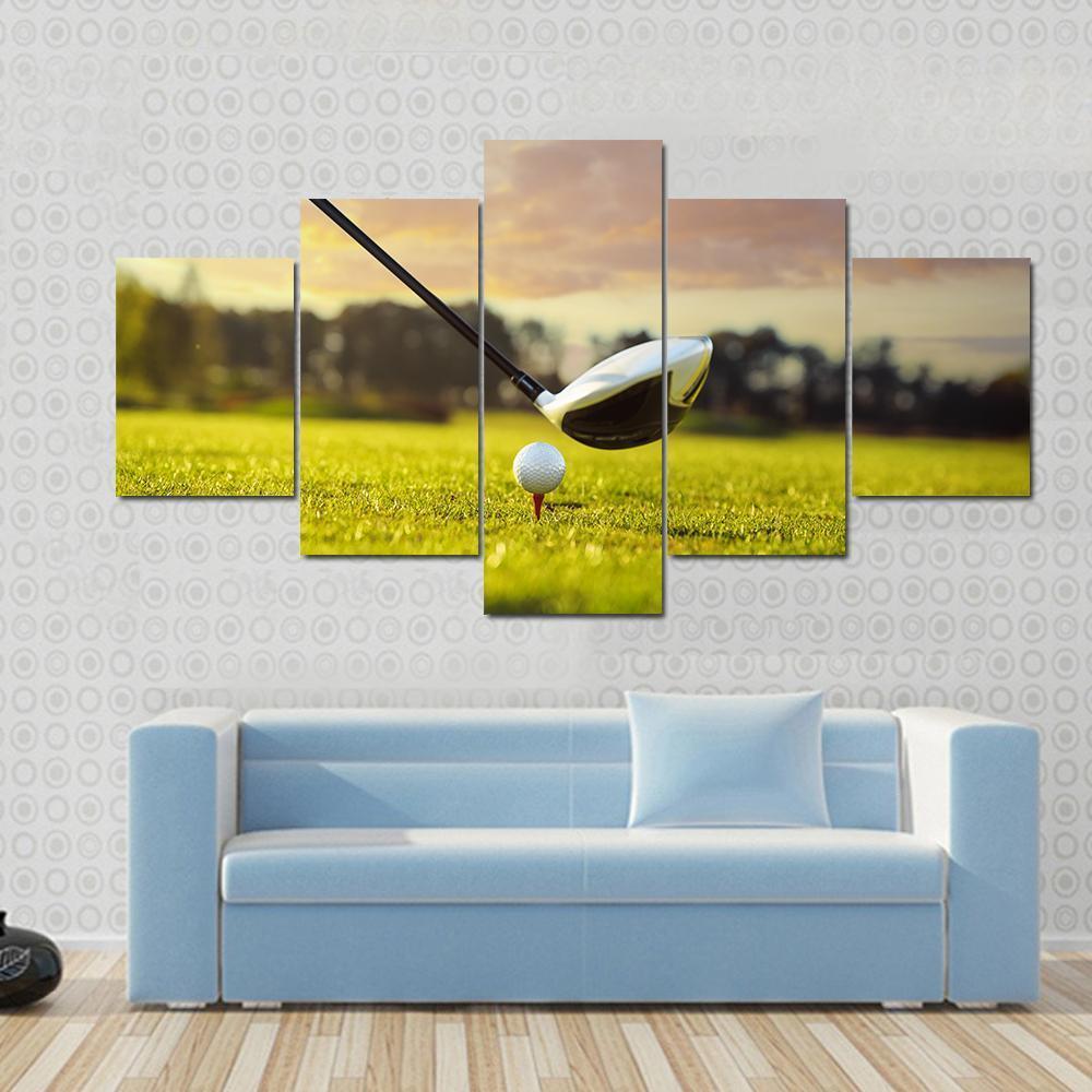 Golf Ball On Tee In Front Of Driver Canvas Wall Art-5 Star-Gallery Wrap-62" x 32"-Tiaracle