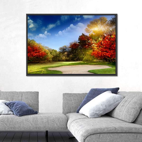 Golf Course In Autumn Canvas Wall Art-1 Piece-Floating Frame-24" x 16"-Tiaracle