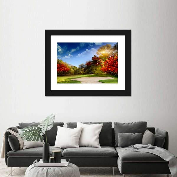 Golf Course In Autumn Canvas Wall Art-1 Piece-Framed Print-20" x 16"-Tiaracle