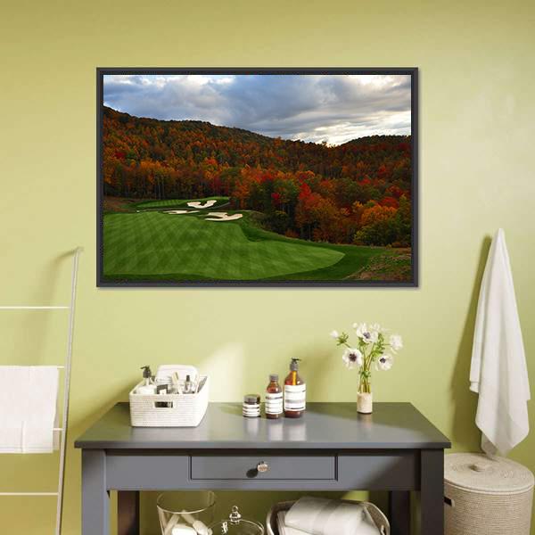 Golf Course In Mountains Canvas Wall Art-1 Piece-Floating Frame-24" x 16"-Tiaracle