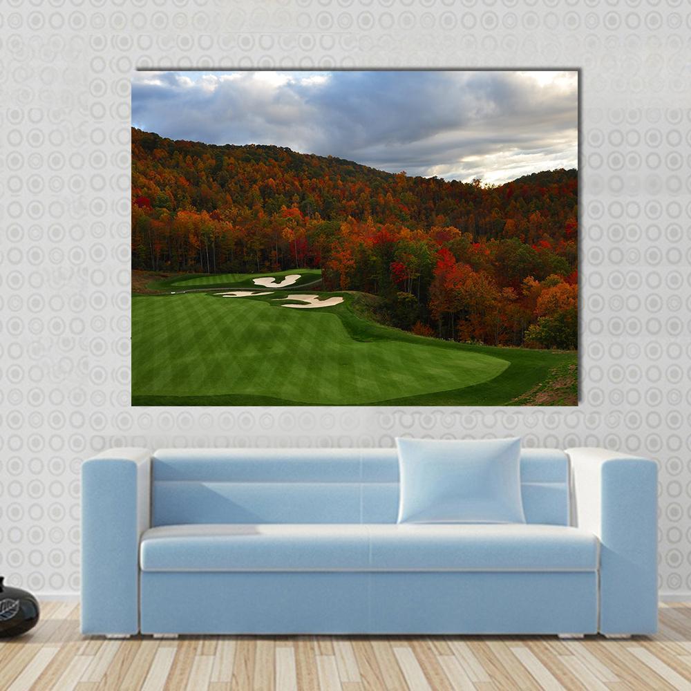 Golf Course In Mountains Canvas Wall Art-1 Piece-Gallery Wrap-48" x 32"-Tiaracle