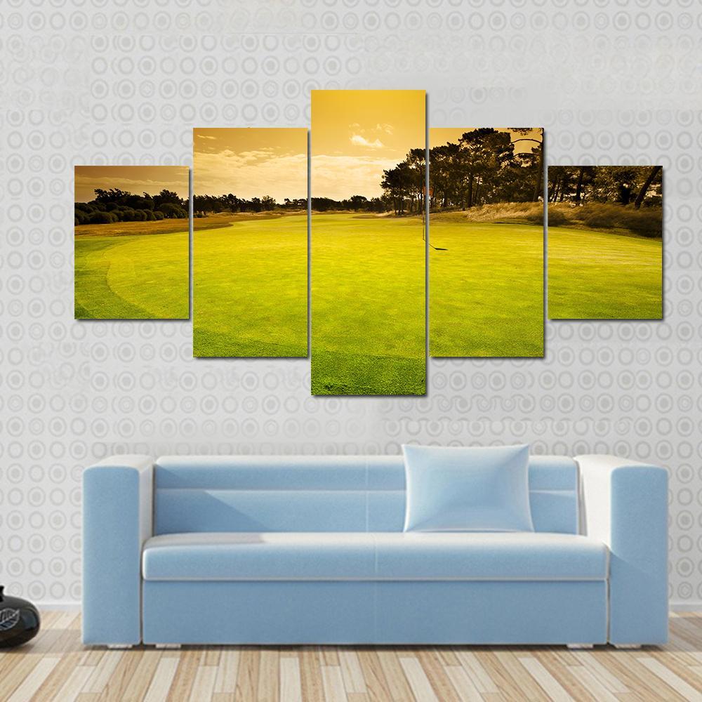 Golf Green Sunset Canvas Wall Art-5 Star-Gallery Wrap-62" x 32"-Tiaracle