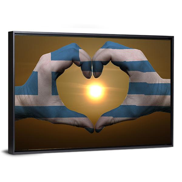 Greece Flag On Hands Canvas Wall Art-3 Horizontal-Gallery Wrap-25" x 16"-Tiaracle
