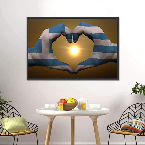 Greece Flag On Hands Canvas Wall Art-3 Horizontal-Gallery Wrap-25" x 16"-Tiaracle