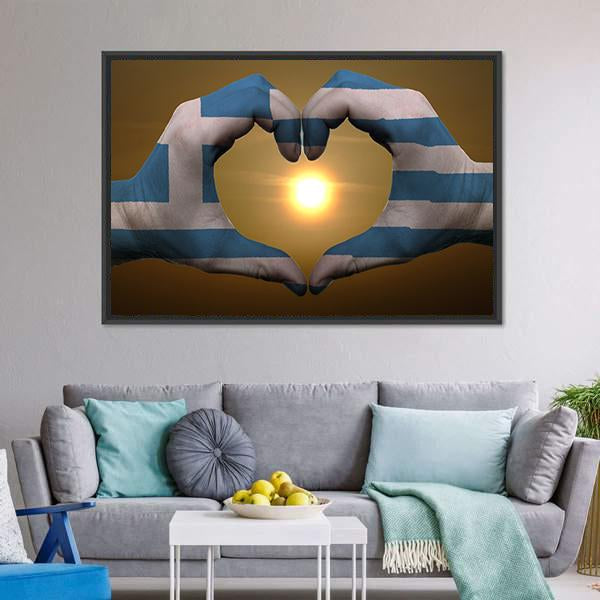 Greece Flag On Hands Canvas Wall Art-3 Horizontal-Gallery Wrap-25" x 16"-Tiaracle