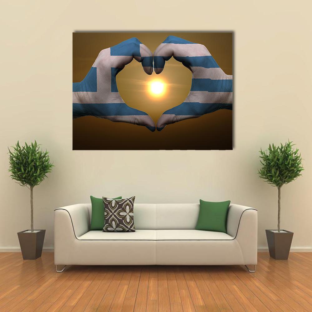 Greece Flag On Hands Canvas Wall Art-1 Piece-Gallery Wrap-48" x 32"-Tiaracle